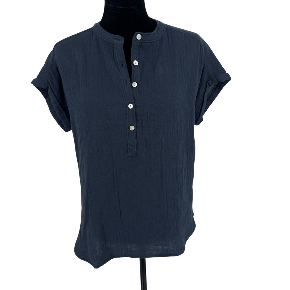 Faherty Brand Womens Blue Organic Cotton Short Sleeve Button Henley Top Shirt XS